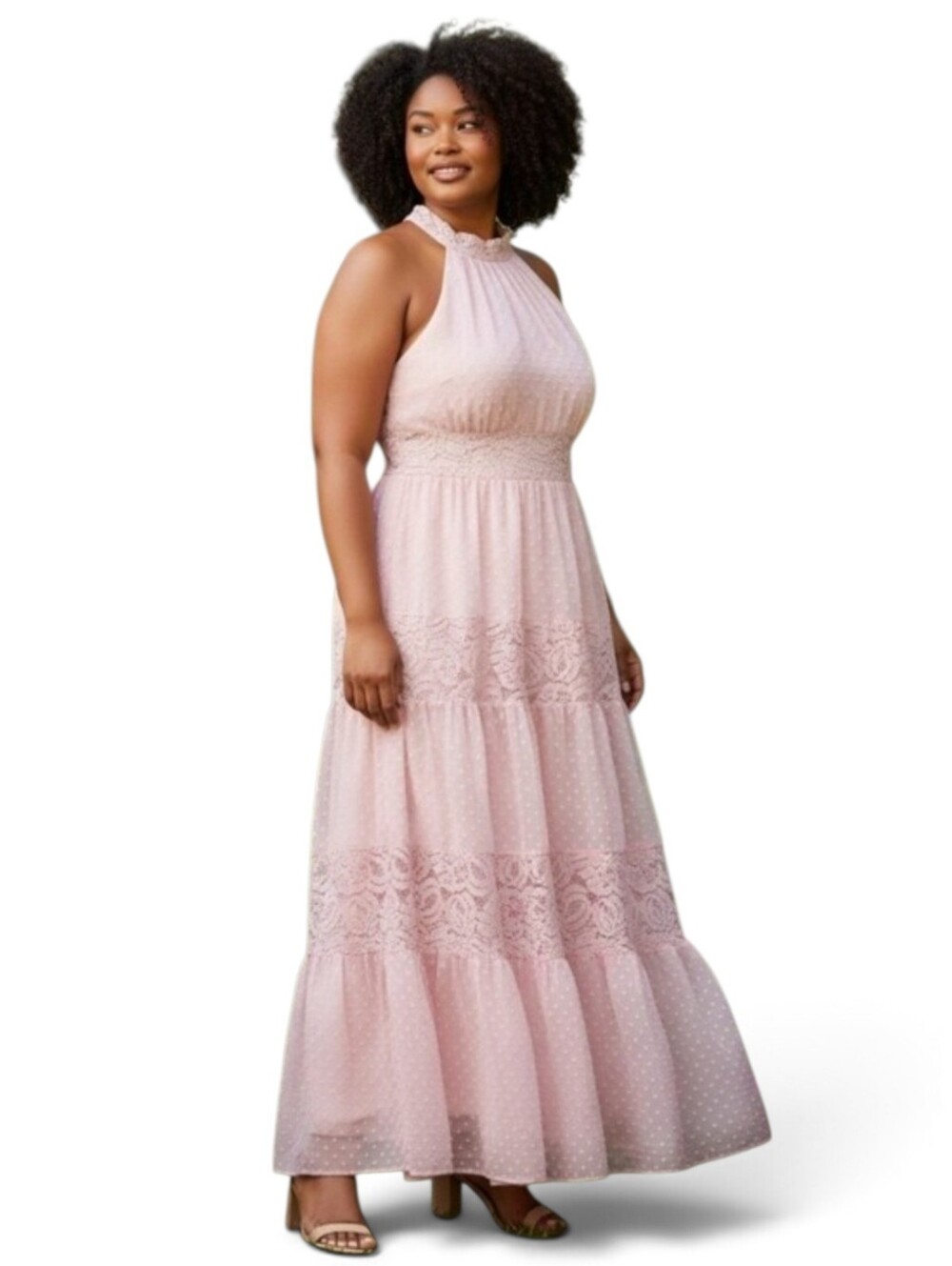 Additionelle Sheer Pale Pink Tiered Lace Trim Maxi Dress Size 24